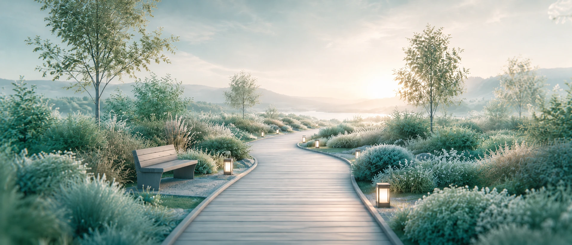 Illustration d’un chemin lumineux dans un paysage apaisant, symbolisant un accompagnement en coaching professionnel, transition professionnelle et reprise après épuisement.